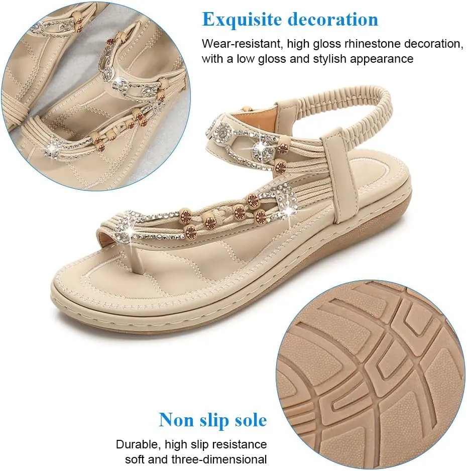 KUNWFNIX Womens Sandals Comfortable Summer Dressy Flat Sandals Bohemian Clip Toe Leather Upholstery T-Strap Flip Flop Thong Sandals