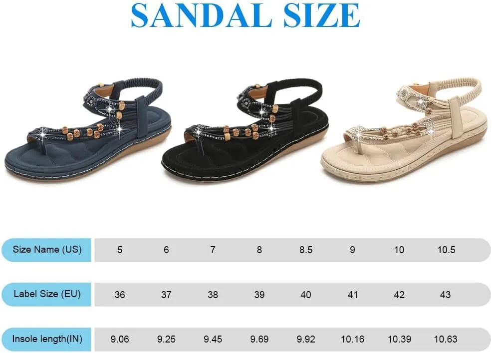 KUNWFNIX Womens Sandals Comfortable Summer Dressy Flat Sandals Bohemian Clip Toe Leather Upholstery T-Strap Flip Flop Thong Sandals