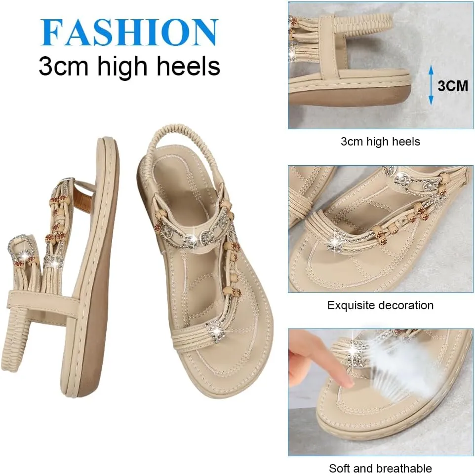 KUNWFNIX Womens Sandals Comfortable Summer Dressy Flat Sandals Bohemian Clip Toe Leather Upholstery T-Strap Flip Flop Thong Sandals
