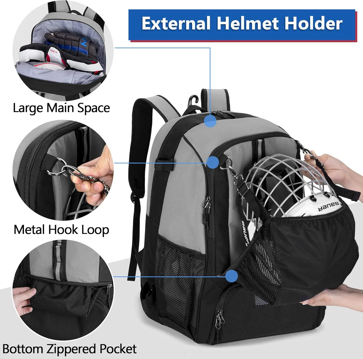 Lacrosse Equipment Backpack with Stick Holder & Hidden Zipper Net, Separate Ventilated Shoe Space, Holds All Lacrosse or Field Hockey Gears, Up to US Mens 13