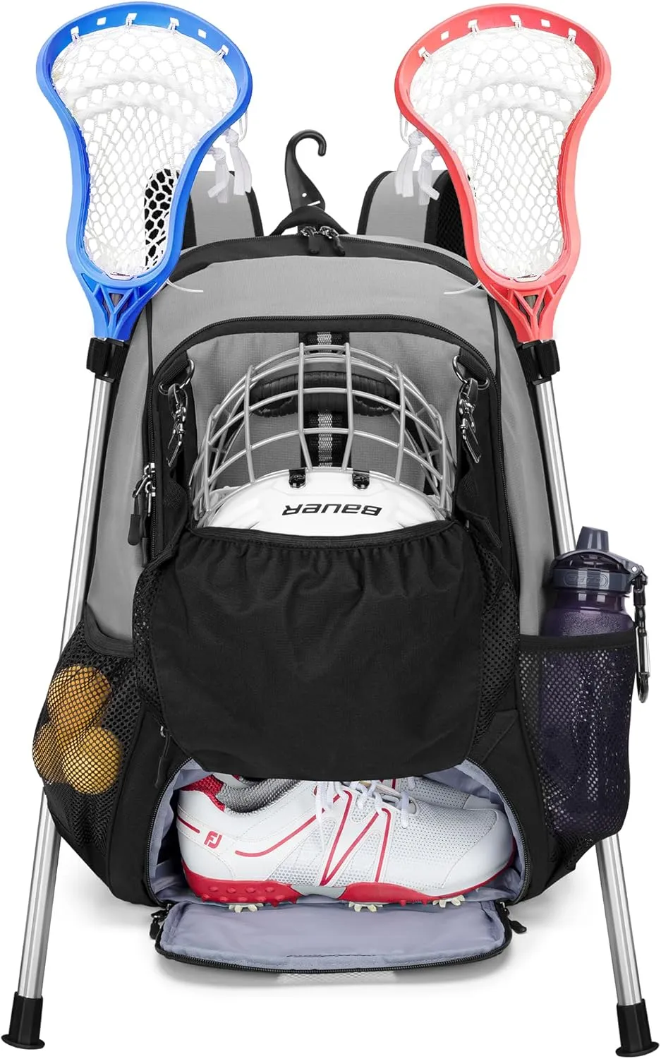 Lacrosse Equipment Backpack with Stick Holder & Hidden Zipper Net, Separate Ventilated Shoe Space, Holds All Lacrosse or Field Hockey Gears, Up to US Mens 13