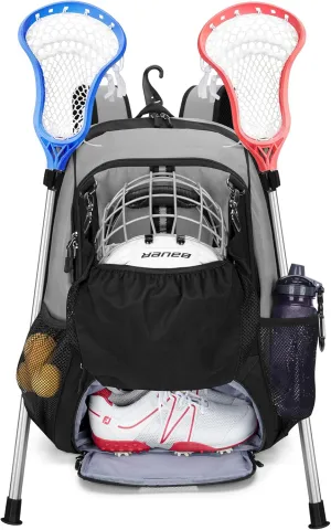 Lacrosse Equipment Backpack with Stick Holder & Hidden Zipper Net, Separate Ventilated Shoe Space, Holds All Lacrosse or Field Hockey Gears, Up to US Mens 13