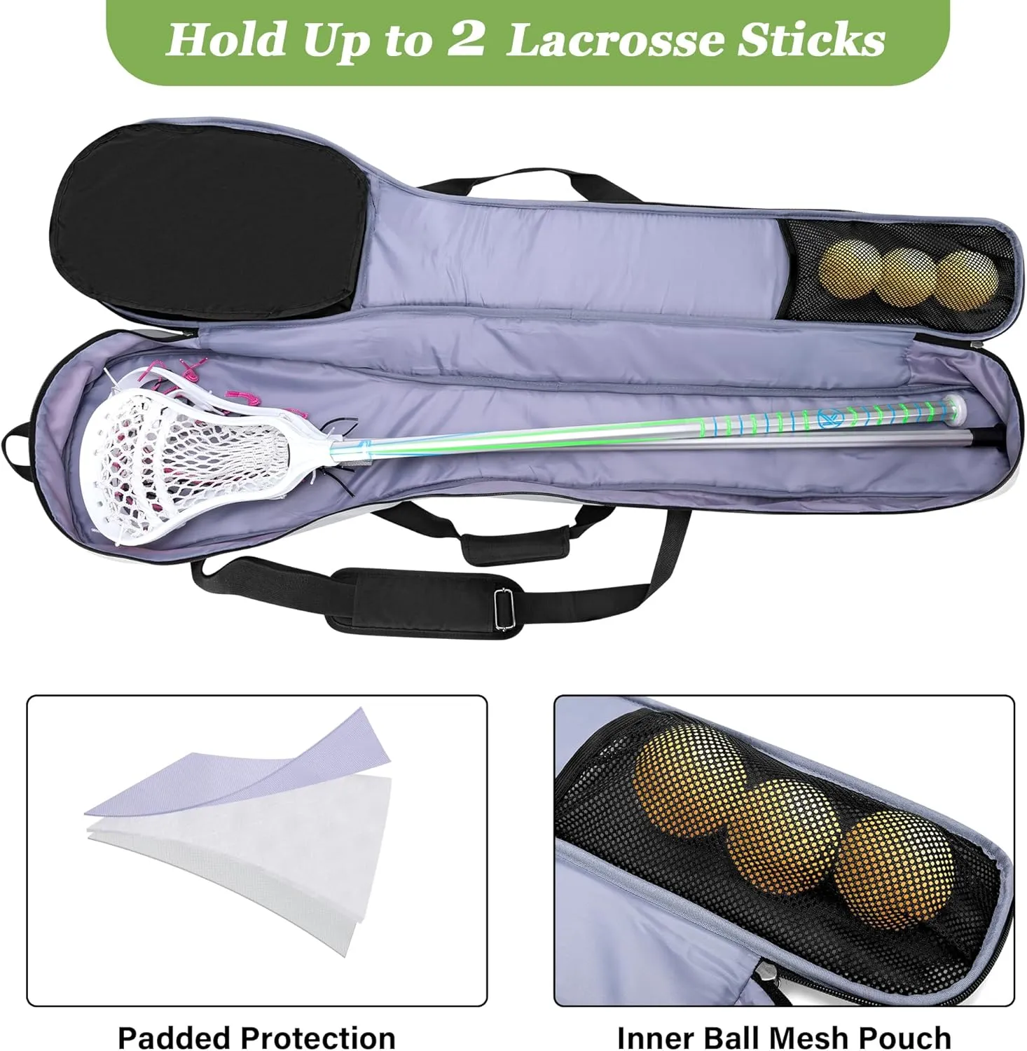 Lacrosse Stick Bag for Men Women, Padded Lax Equipment Bag with Separate Ventilated Shoe Compartment and Multi Pockets for Essentials, Black and Grey