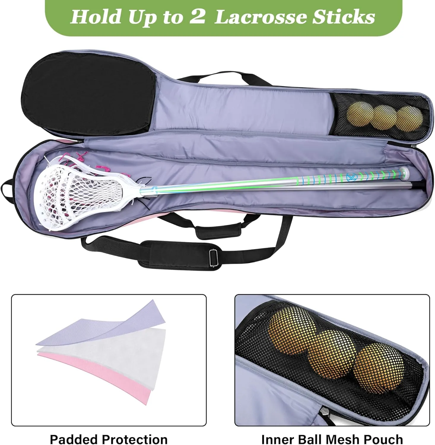 Lacrosse Stick Bag for Men Women, Padded Lax Equipment Bag with Separate Ventilated Shoe Compartment and Multi Pockets for Essentials, Black and Pink
