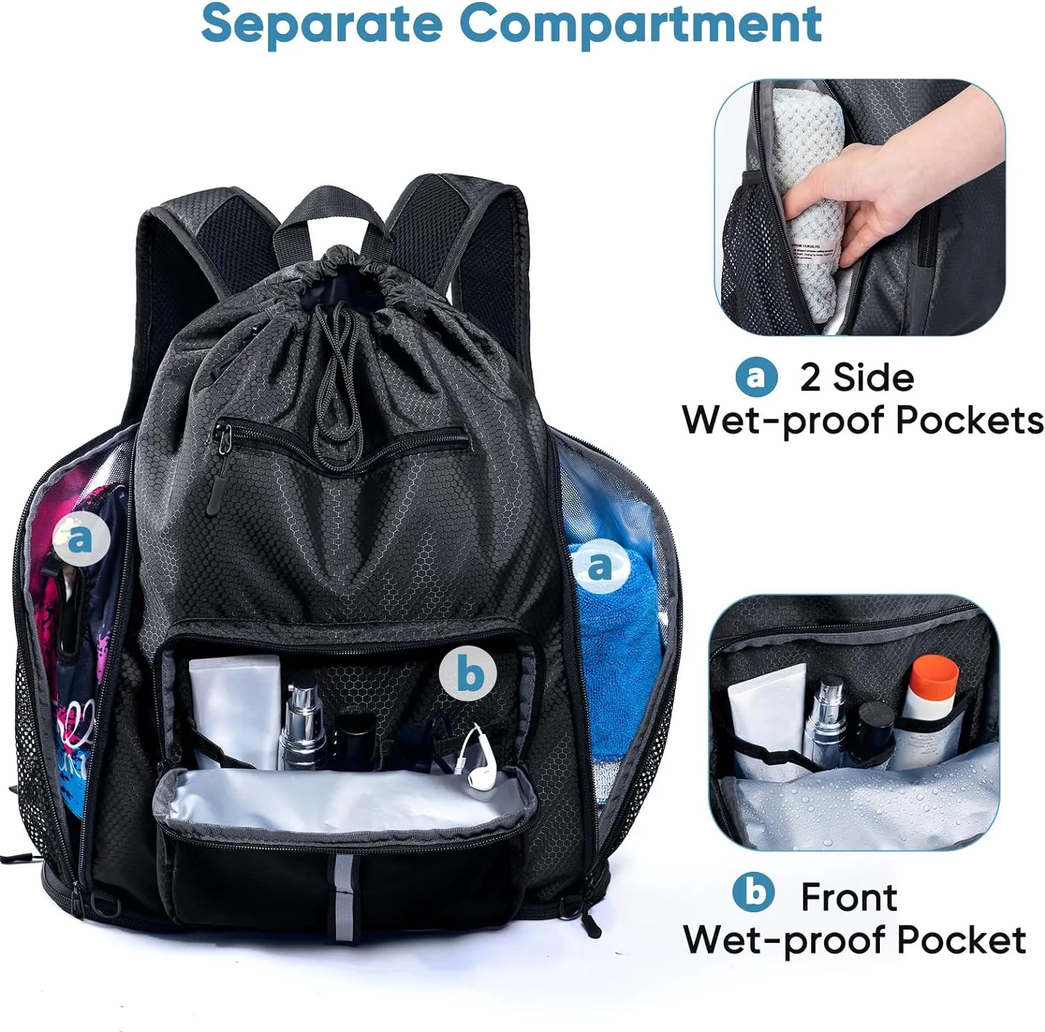 Large Beach Backpack Waterproof Sandproof - Customized Oversized Drawstring Pool Bag with Shoe Compartment for Toiletries, Towels, Gym, Travel