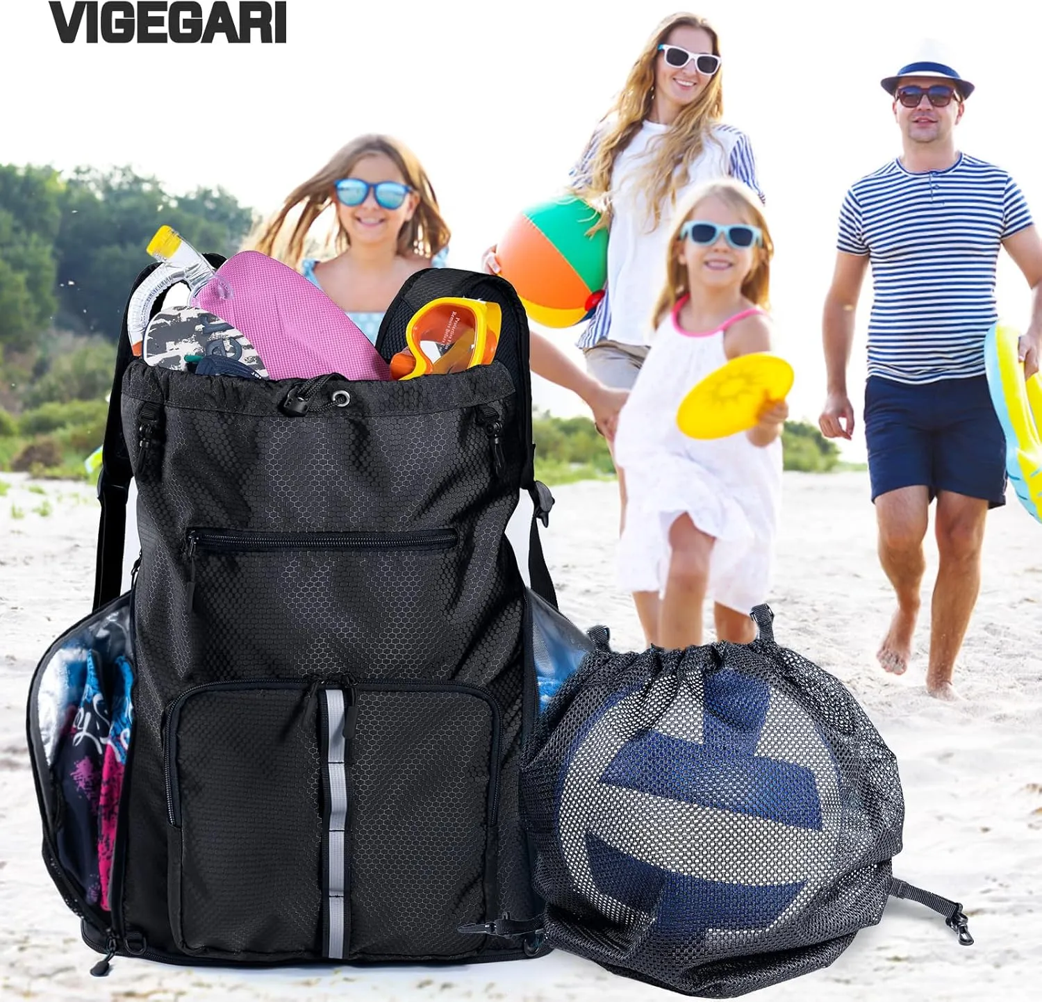 Large Beach Backpack Waterproof Sandproof - Customized Oversized Drawstring Pool Bag with Shoe Compartment for Toiletries, Towels, Gym, Travel