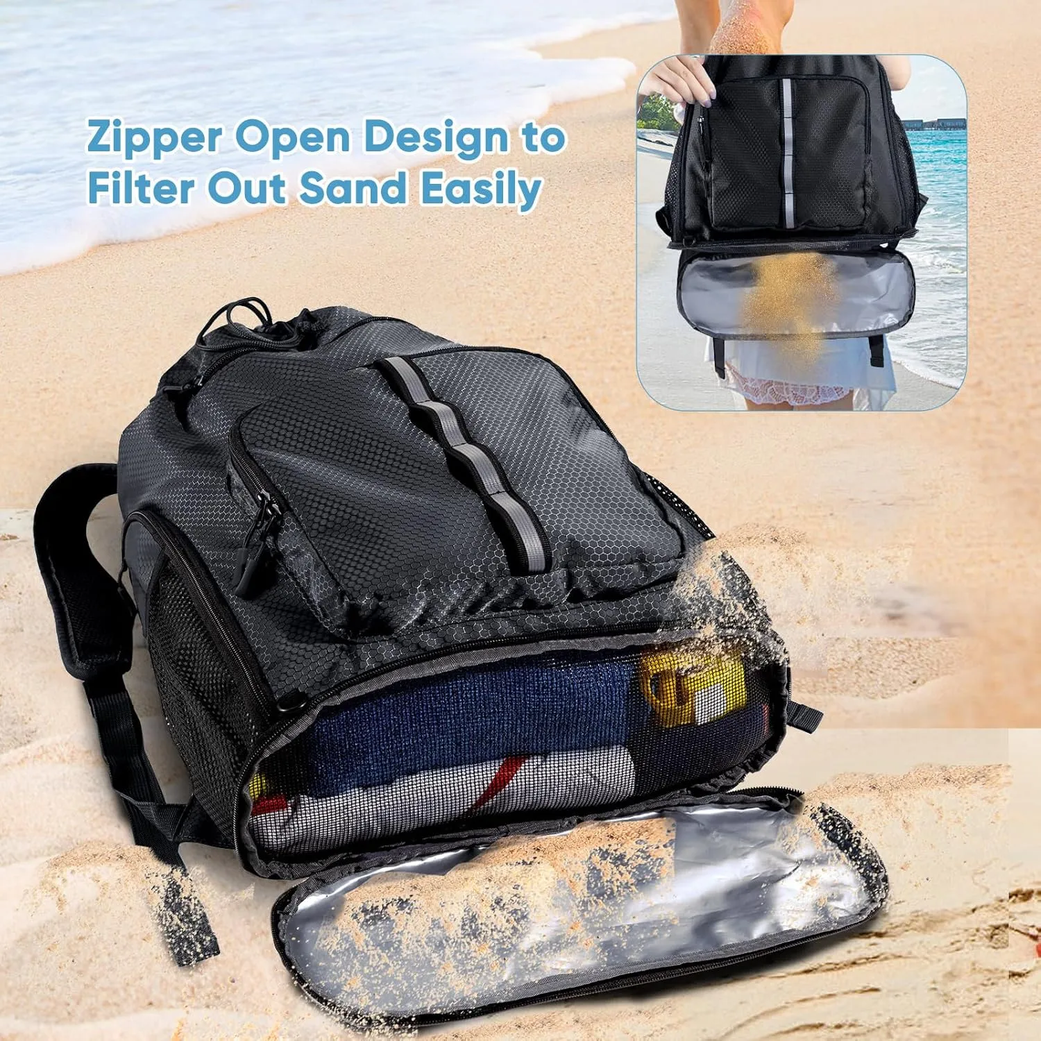 Large Beach Backpack Waterproof Sandproof - Customized Oversized Drawstring Pool Bag with Shoe Compartment for Toiletries, Towels, Gym, Travel