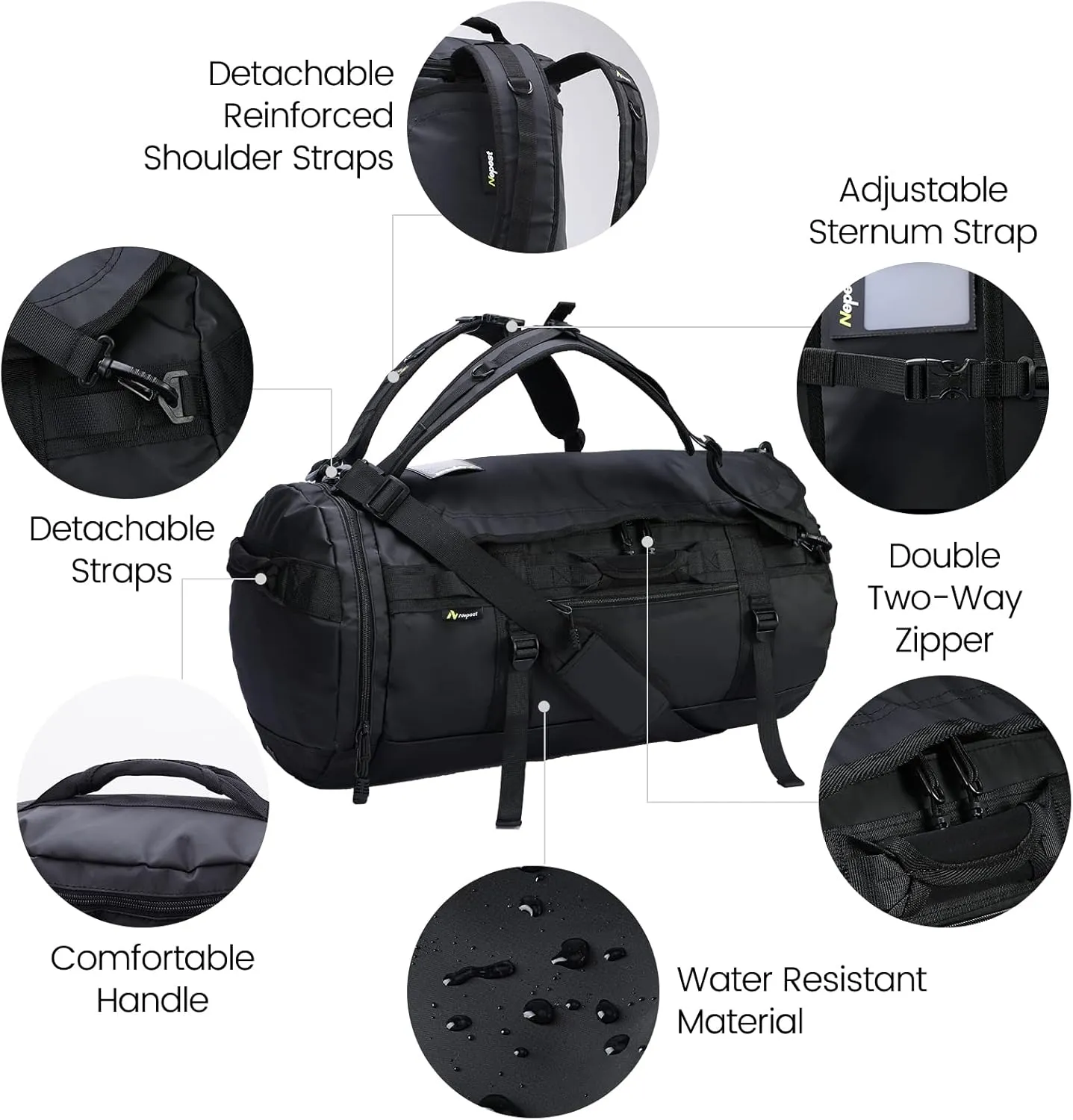 Large Duffel Backpack Bag, 3-Way Water Resistant Gym Duffle Bag with Shoe Compartment for Sports Workout Travel (Black, 90L)