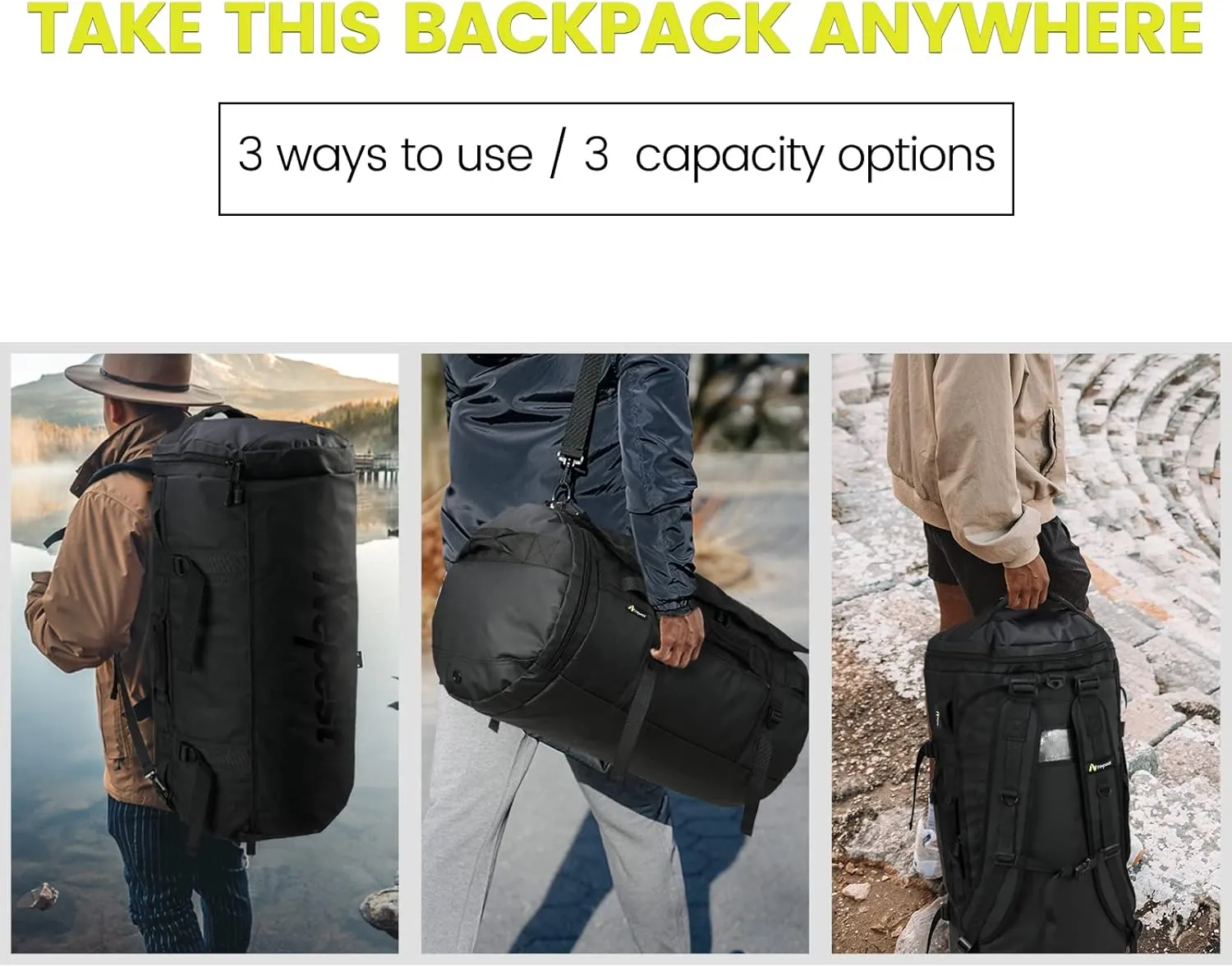 Large Duffel Backpack Bag, 3-Way Water Resistant Gym Duffle Bag with Shoe Compartment for Sports Workout Travel (Black, 90L)