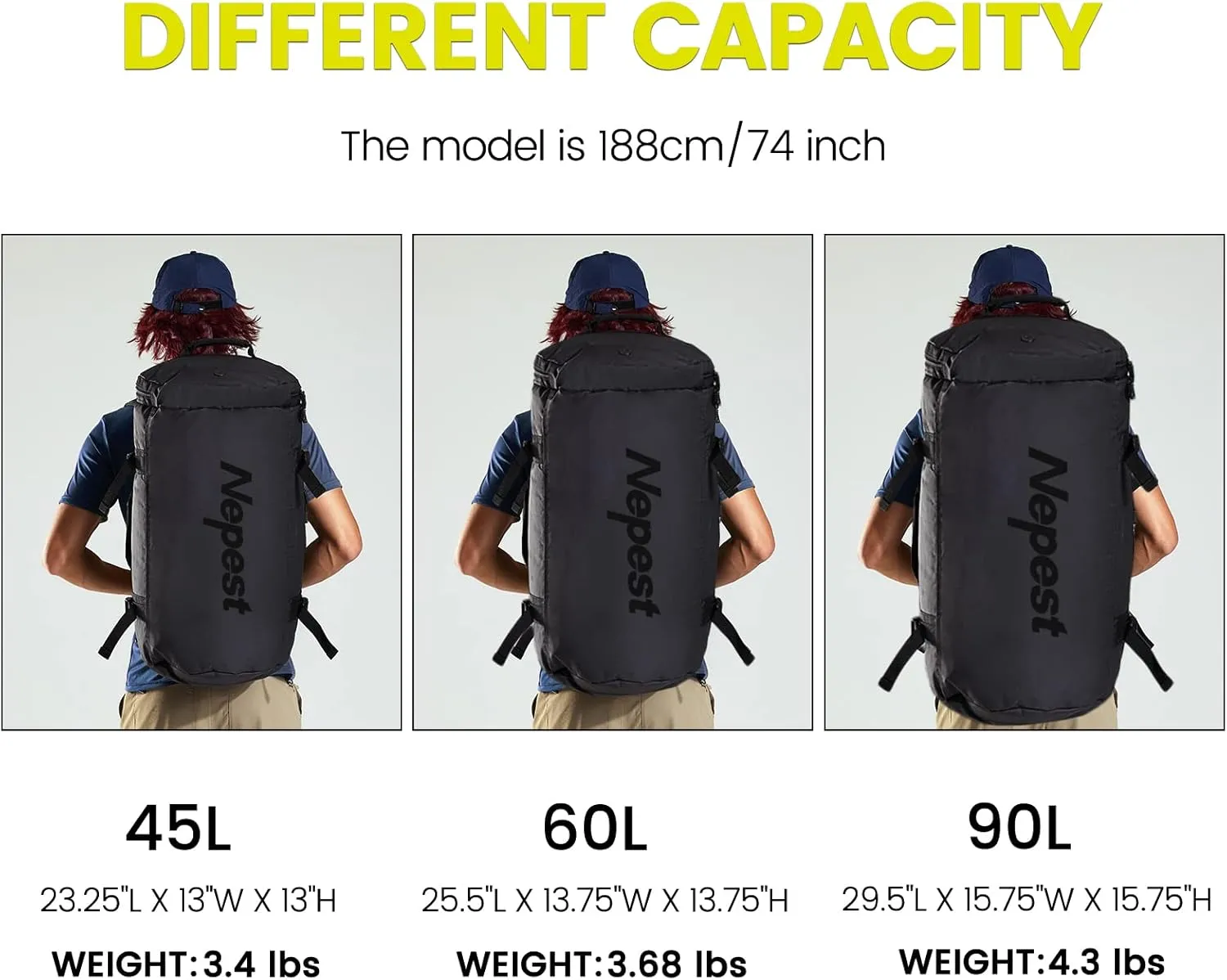 Large Duffel Backpack Bag, 3-Way Water Resistant Gym Duffle Bag with Shoe Compartment for Sports Workout Travel (Black, 90L)