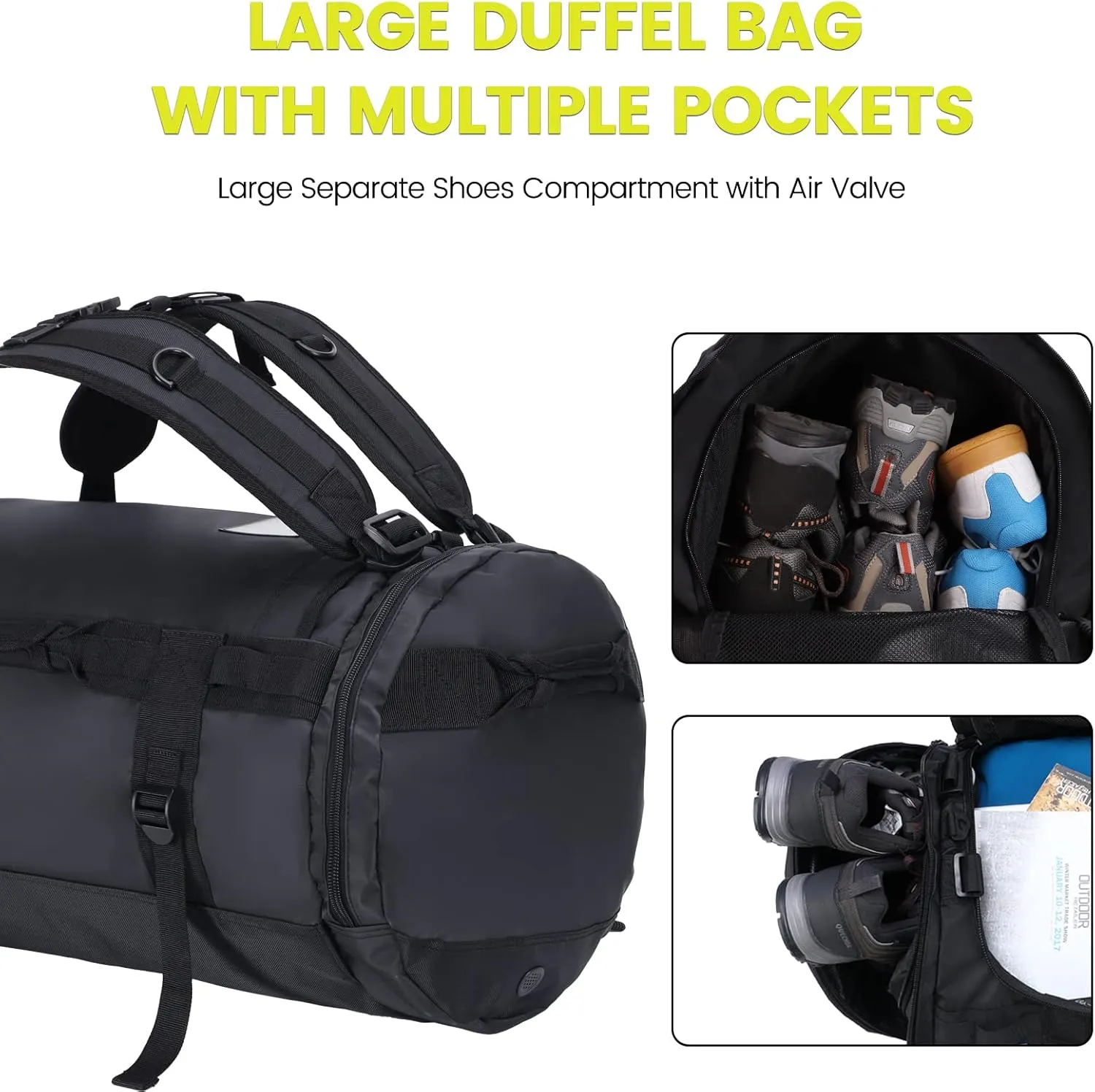 Large Duffel Backpack Bag, 3-Way Water Resistant Gym Duffle Bag with Shoe Compartment for Sports Workout Travel (Black, 90L)