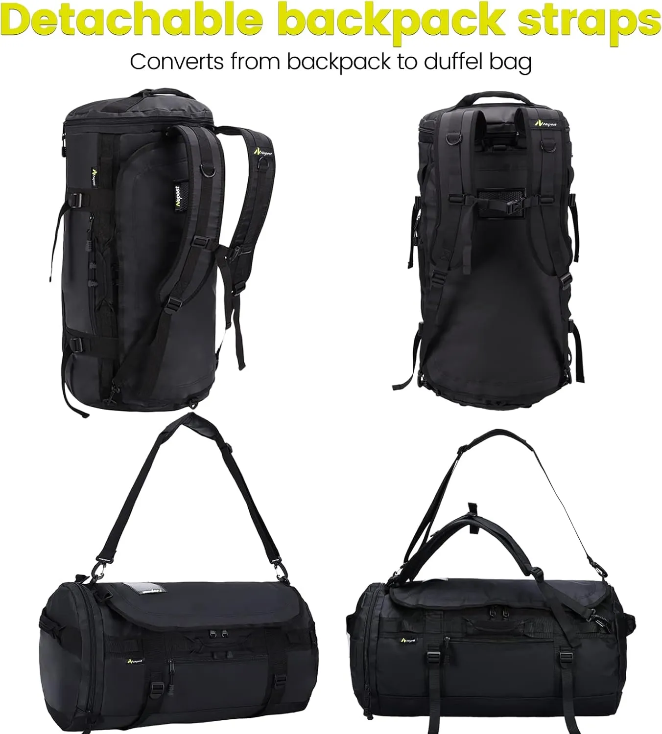 Large Duffel Backpack Bag, 3-Way Water Resistant Gym Duffle Bag with Shoe Compartment for Sports Workout Travel (Black, 90L)