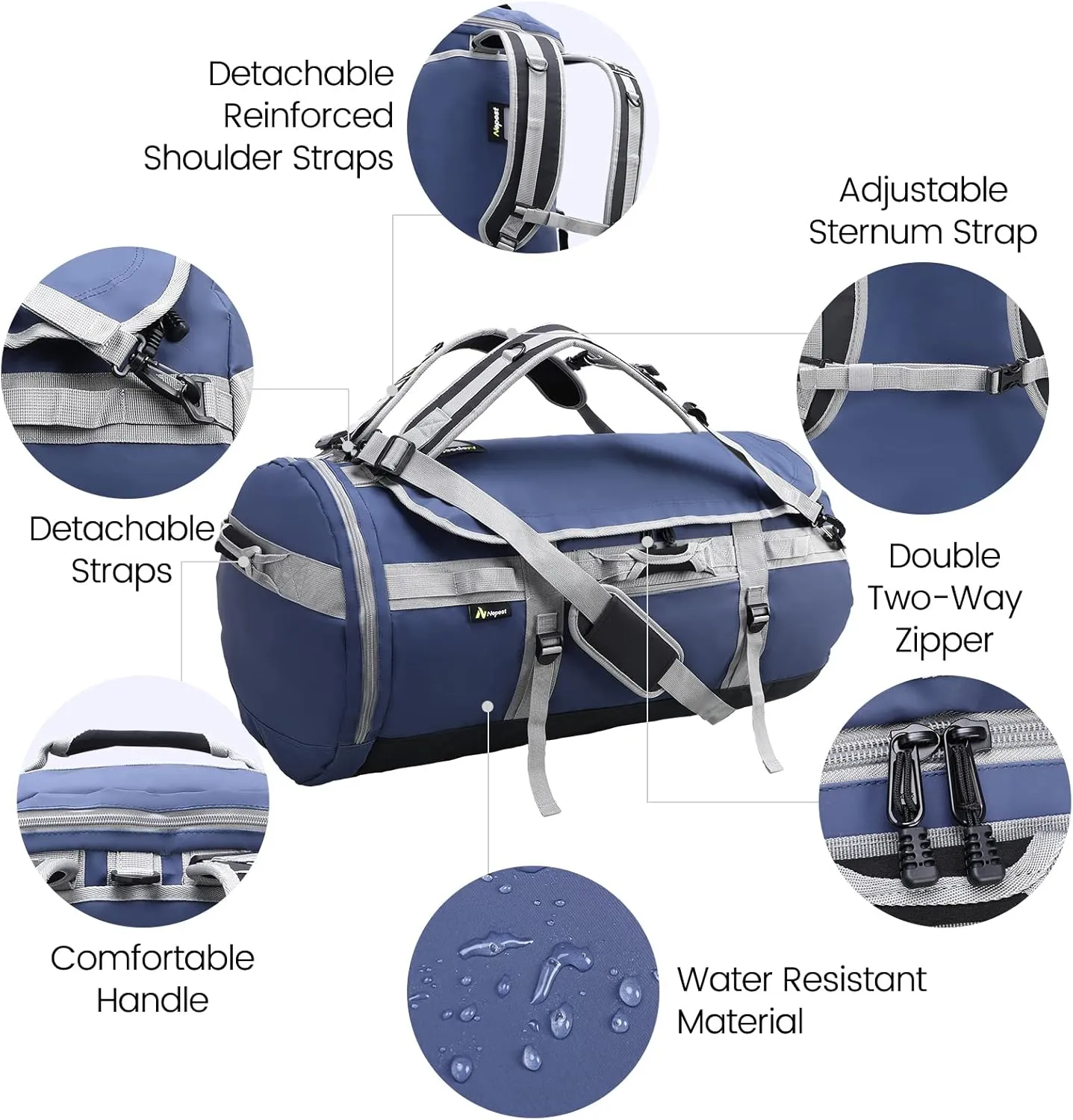 Large Duffel Backpack Bag, 3-Way Water Resistant Gym Duffle Bag with Shoe Compartment for Sports Workout Travel (Blue, 60L)