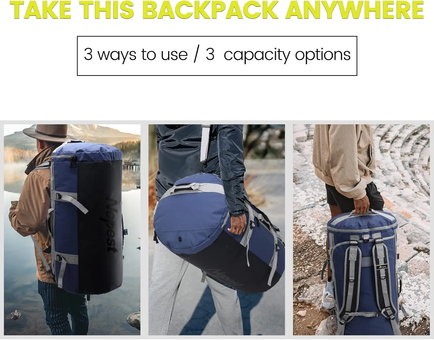 Large Duffel Backpack Bag, 3-Way Water Resistant Gym Duffle Bag with Shoe Compartment for Sports Workout Travel (Blue, 60L)