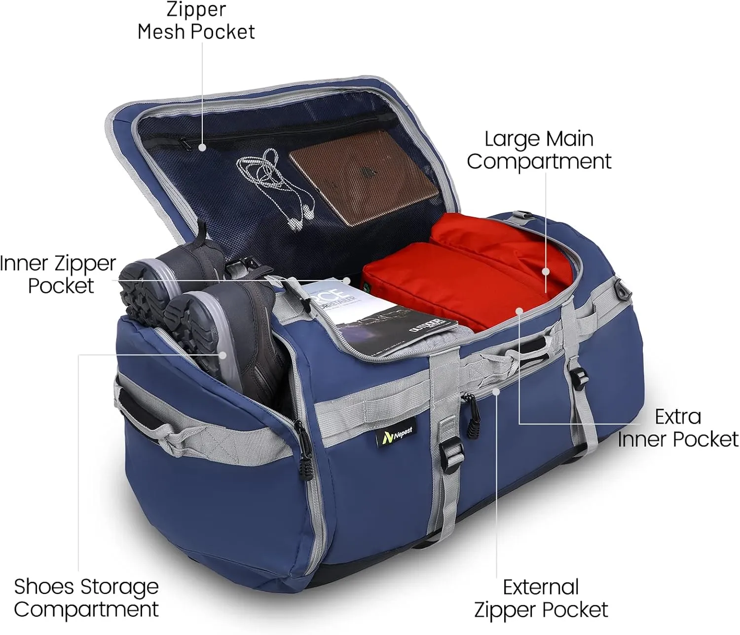 Large Duffel Backpack Bag, 3-Way Water Resistant Gym Duffle Bag with Shoe Compartment for Sports Workout Travel (Blue, 60L)