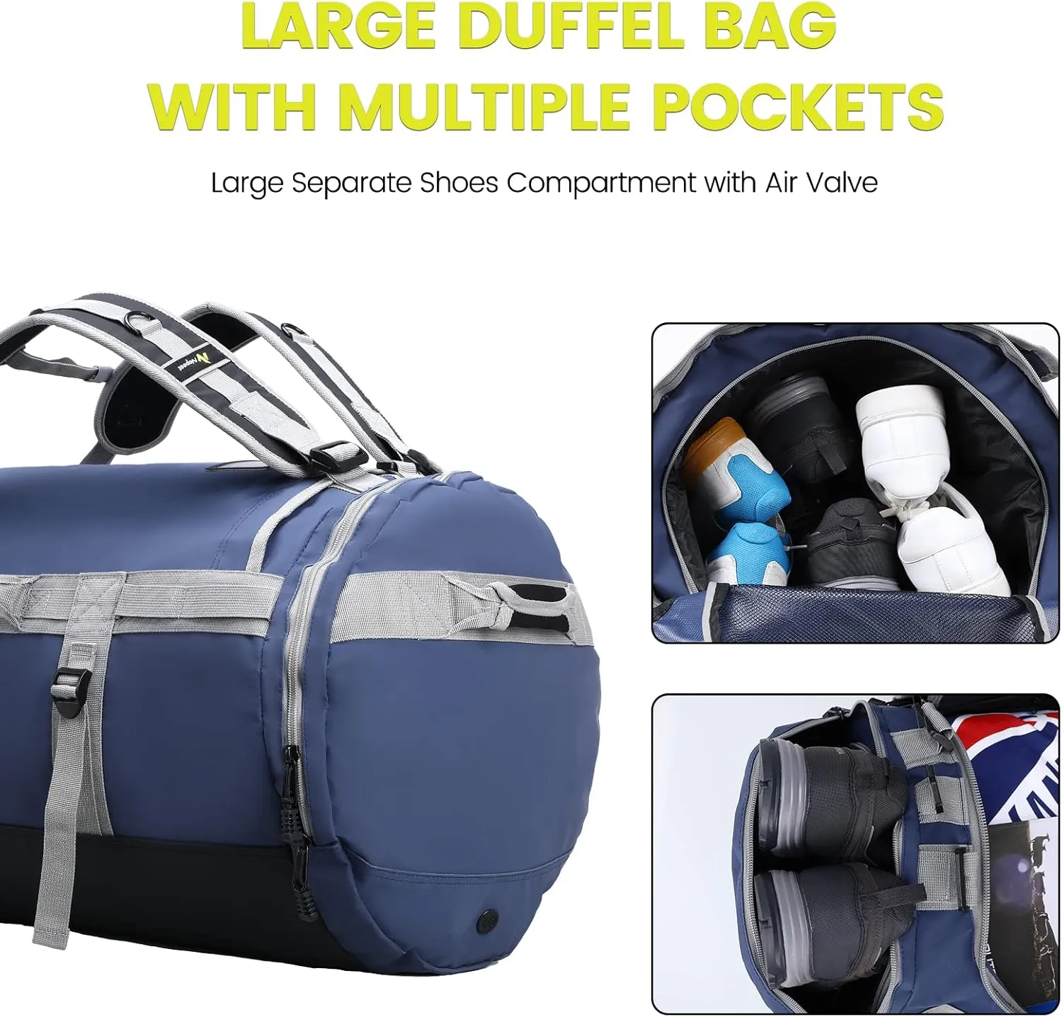 Large Duffel Backpack Bag, 3-Way Water Resistant Gym Duffle Bag with Shoe Compartment for Sports Workout Travel (Blue, 60L)