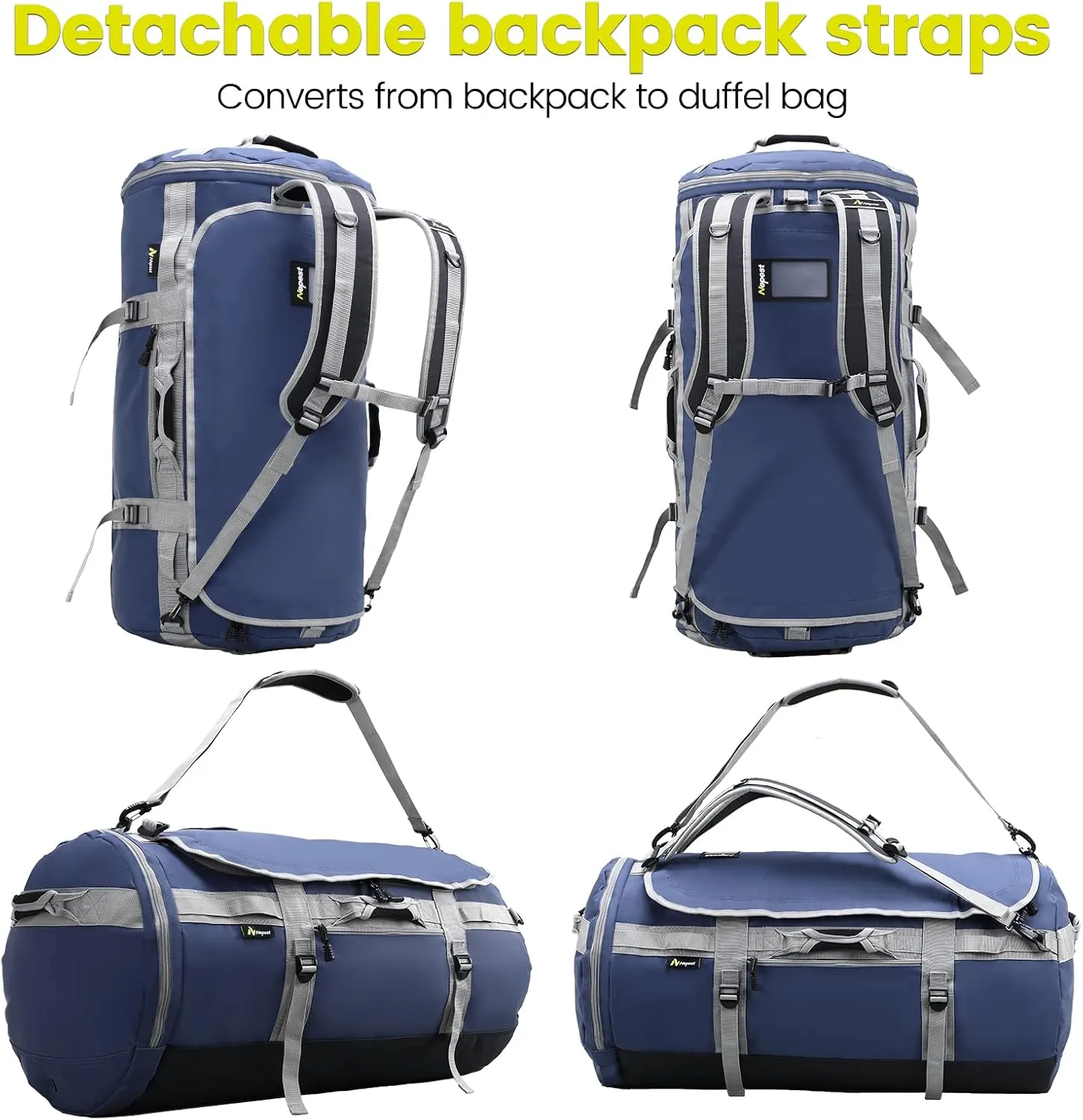 Large Duffel Backpack Bag, 3-Way Water Resistant Gym Duffle Bag with Shoe Compartment for Sports Workout Travel (Blue, 60L)