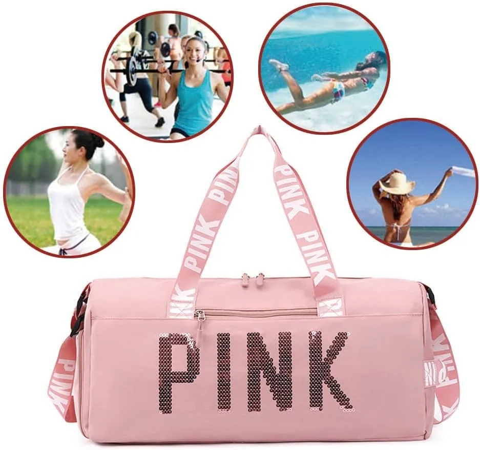 Large Duffle Bag For Women, Sports Duffel Bag for Gym with Wet Pocket & Shoe Compartment, Overnight Weekender Travel Bag (PINK)