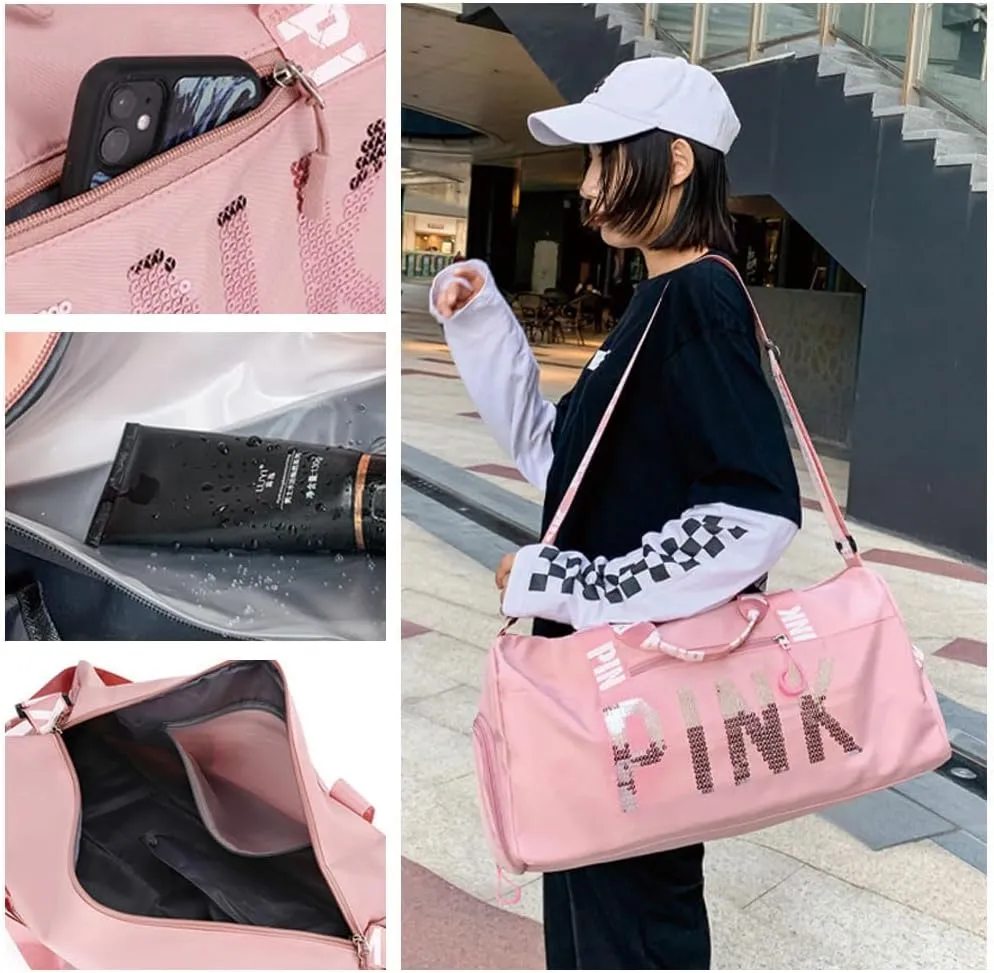 Large Duffle Bag For Women, Sports Duffel Bag for Gym with Wet Pocket & Shoe Compartment, Overnight Weekender Travel Bag (PINK)