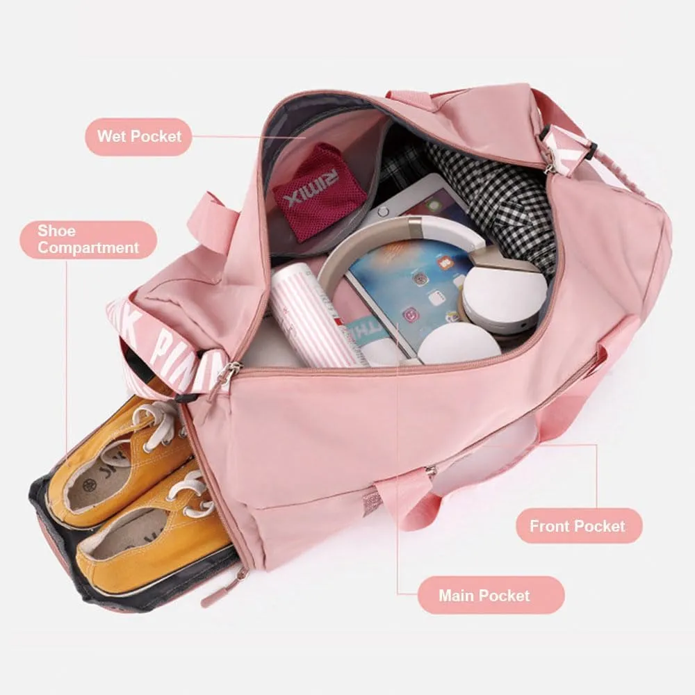Large Duffle Bag For Women, Sports Duffel Bag for Gym with Wet Pocket & Shoe Compartment, Overnight Weekender Travel Bag (PINK)
