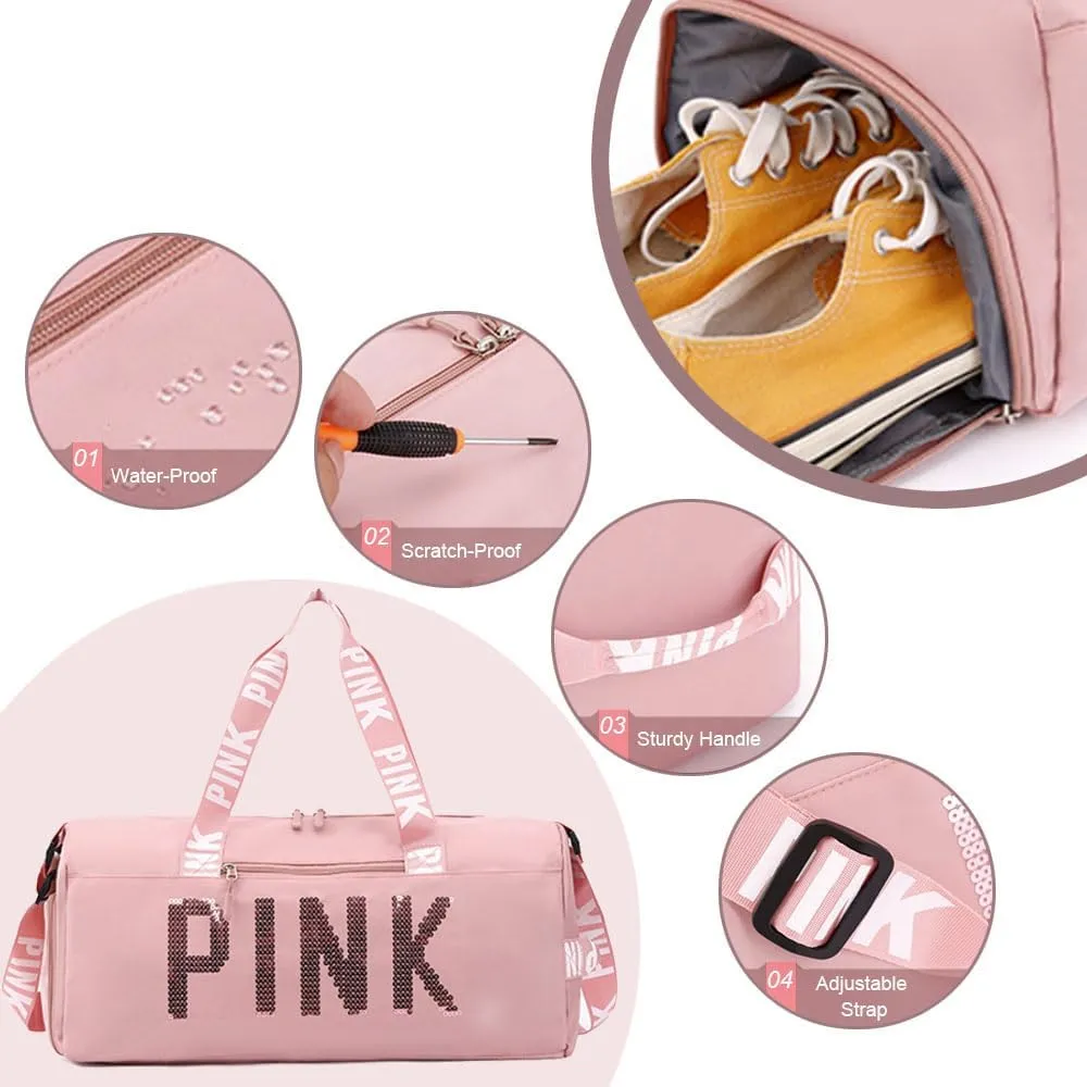 Large Duffle Bag For Women, Sports Duffel Bag for Gym with Wet Pocket & Shoe Compartment, Overnight Weekender Travel Bag (PINK)