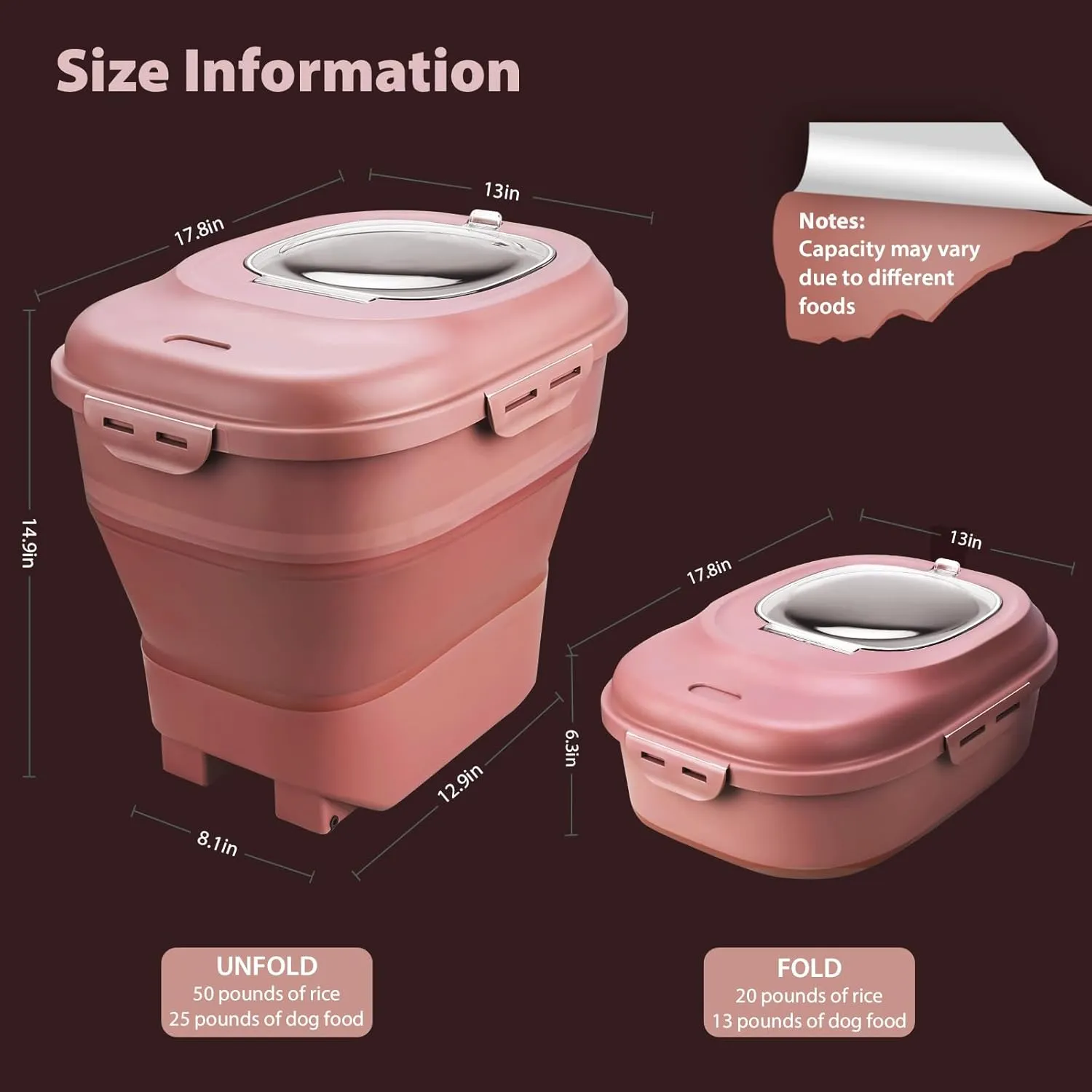 Large Rice Storage Container, 20lb to 50lb Collapsible Dry Food Storage Bins with Flip Lid and Rolling Wheel, Kitchen Organization Pantry to Store Cereal Flour, Dog Cat Food Storage Container