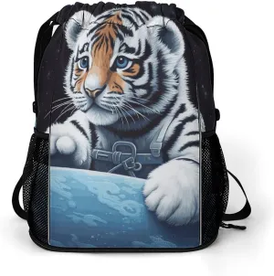 Large Sports Drawstring Backpack Little Tiger in Space Printed with Dry-Wet Separation | Digital Print Gym Sack | Waterproof Fabric | Shoe Compartment & PVC Pocket | Hydration Mesh for Fitness, Travel