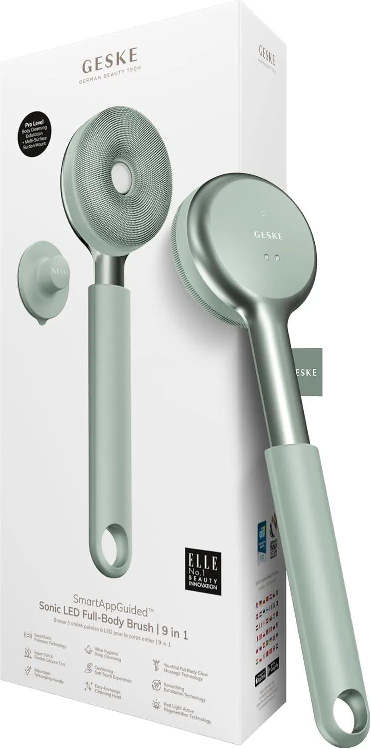 LED Sonic Full-Body Brush | 9 in 1 | Body Cleansing Brush & Intensive Exfoliator with LED | with SmartSonic Pulsations | Expert Deep Cleansing & Massage | Rough Skin Remover | Adjustable Handle