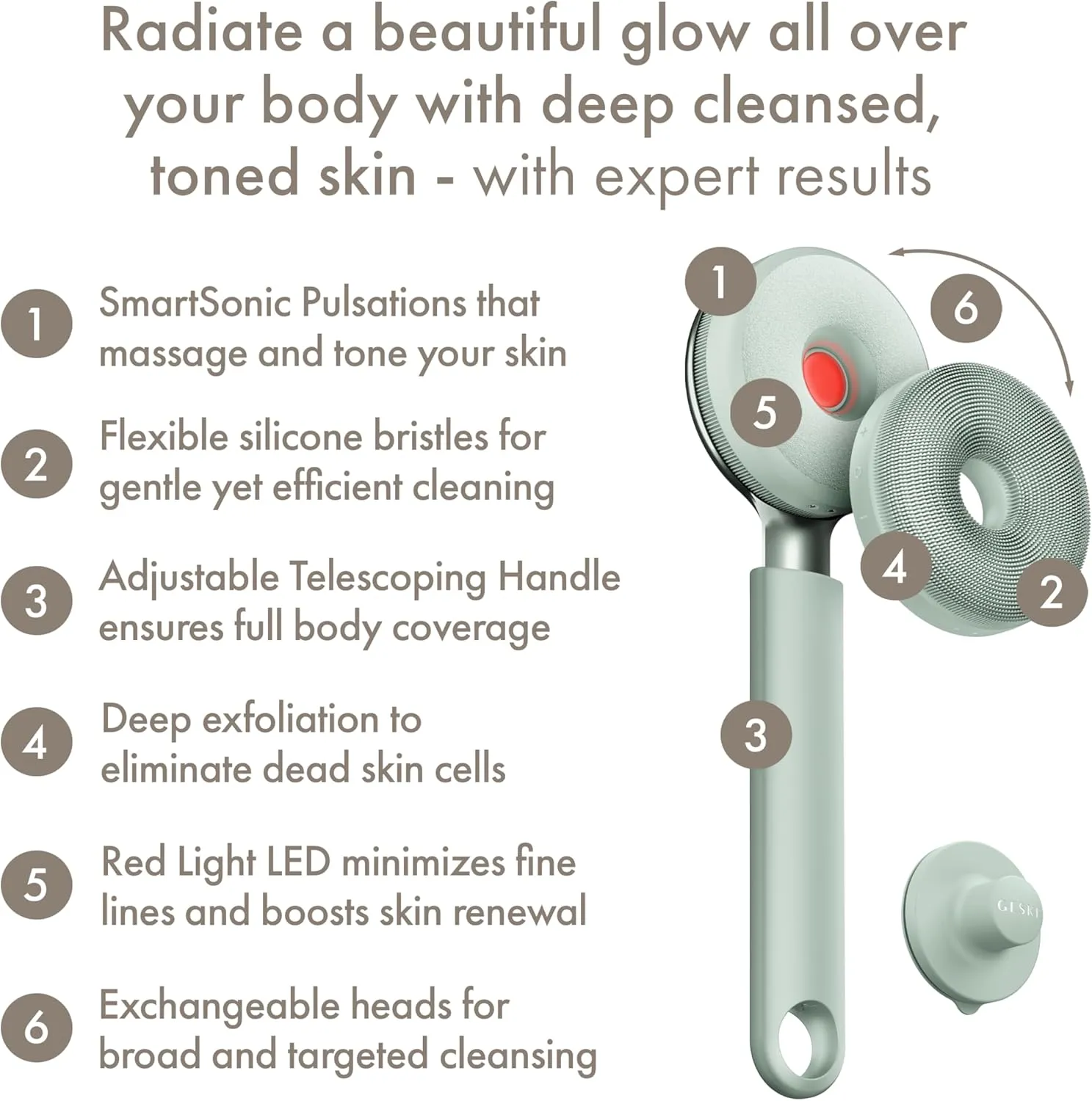LED Sonic Full-Body Brush | 9 in 1 | Body Cleansing Brush & Intensive Exfoliator with LED | with SmartSonic Pulsations | Expert Deep Cleansing & Massage | Rough Skin Remover | Adjustable Handle