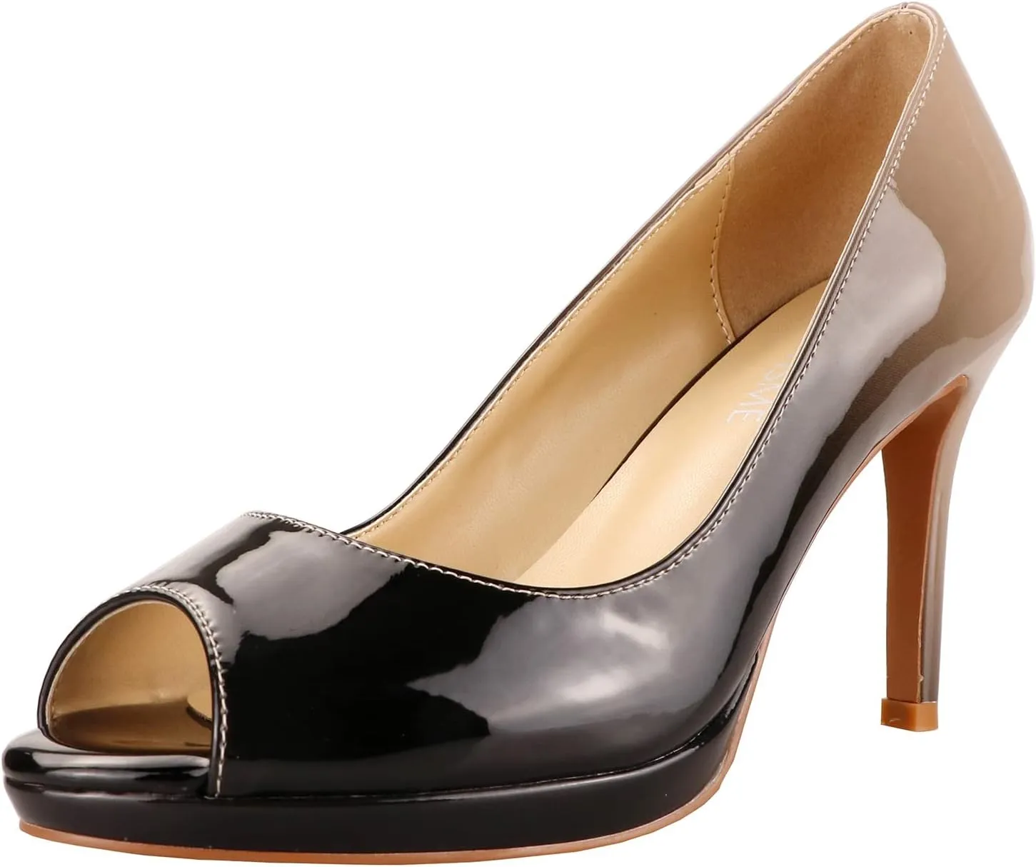 LEMUTISME Women's Patent Leather Sexy Slip On Peep Toe High Heel Dress Pumps Chic Glossy Open Toe Stiletto Heel Platform Sandals Nude-Black Size 10