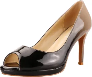 LEMUTISME Women's Patent Leather Sexy Slip On Peep Toe High Heel Dress Pumps Chic Glossy Open Toe Stiletto Heel Platform Sandals Nude-Black Size 10