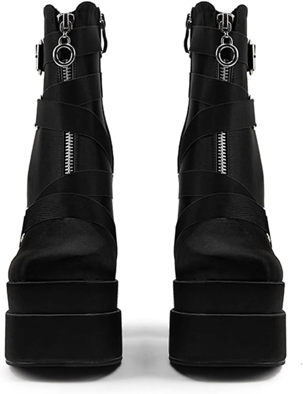 LEMUTISME Women's Trendy Closed Square Toe Lace Up Double Platform Chunky High Heel Motorcycle Ankle Boots With Side Zipper