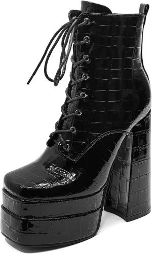 LEMUTISME Women's Trendy Closed Square Toe Lace Up Double Platform Chunky High Heel Motorcycle Ankle Boots With Side Zipper