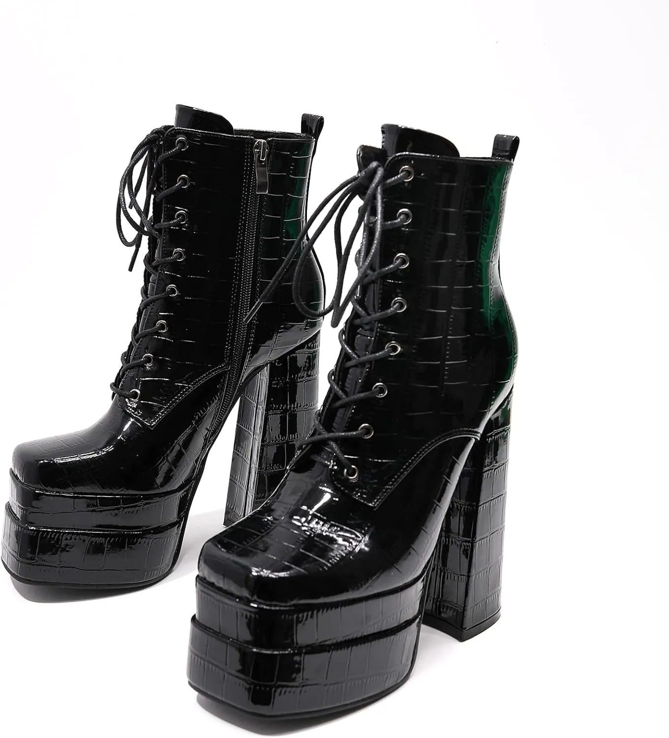 LEMUTISME Women's Trendy Closed Square Toe Lace Up Double Platform Chunky High Heel Motorcycle Ankle Boots With Side Zipper