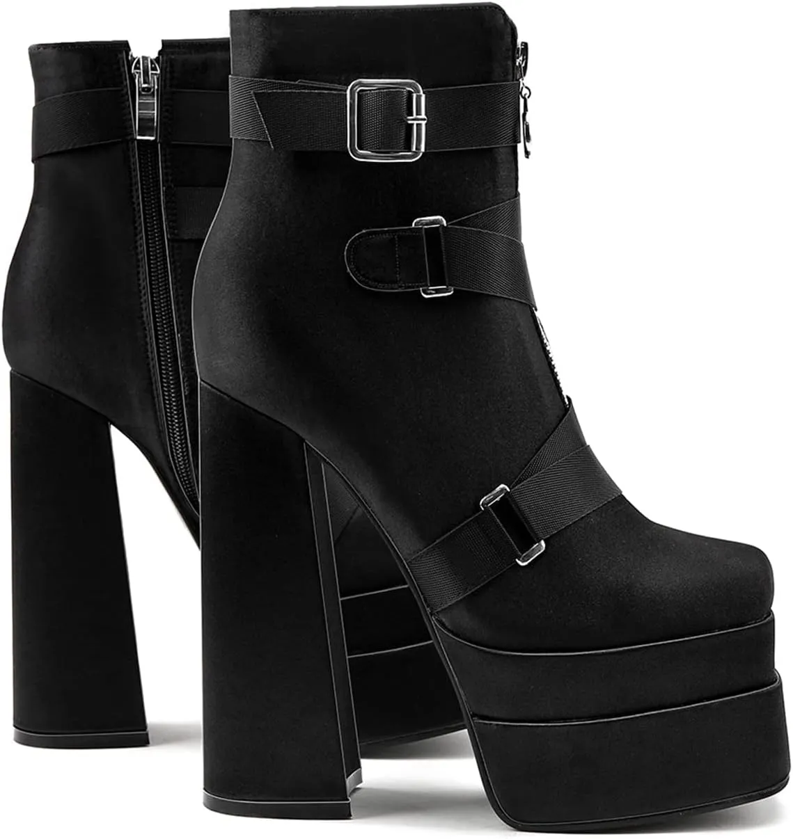 LEMUTISME Women's Trendy Closed Square Toe Lace Up Double Platform Chunky High Heel Motorcycle Ankle Boots With Side Zipper