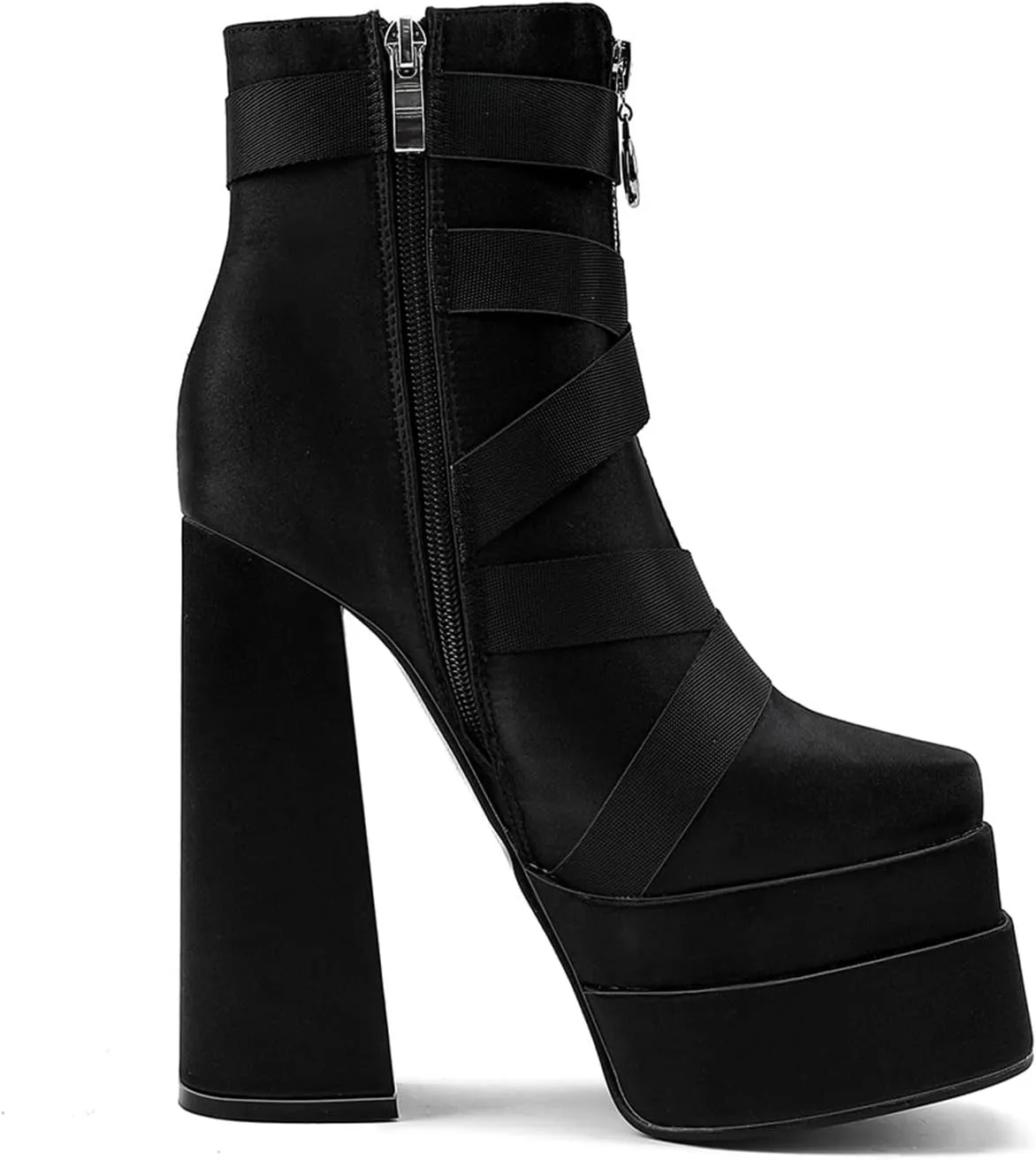 LEMUTISME Women's Trendy Closed Square Toe Lace Up Double Platform Chunky High Heel Motorcycle Ankle Boots With Side Zipper