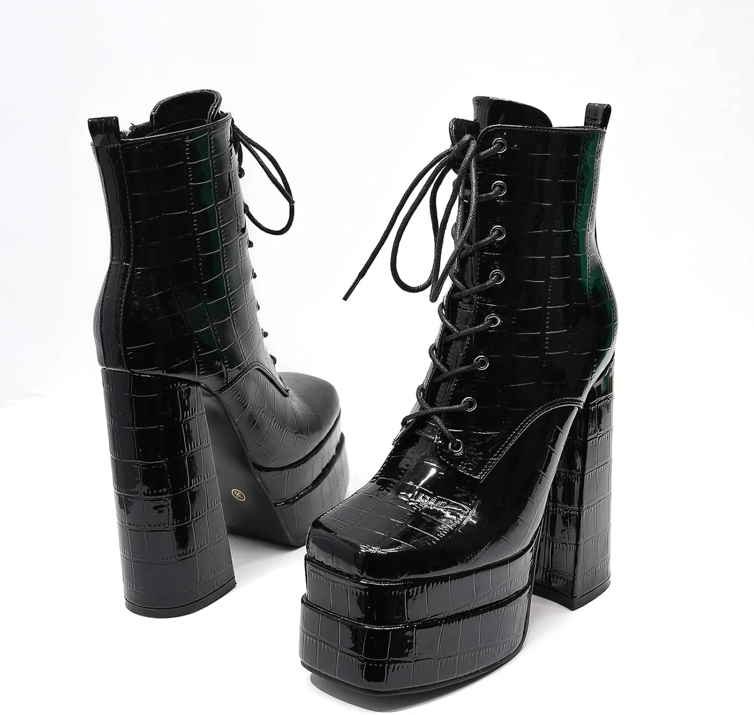 LEMUTISME Women's Trendy Closed Square Toe Lace Up Double Platform Chunky High Heel Motorcycle Ankle Boots With Side Zipper