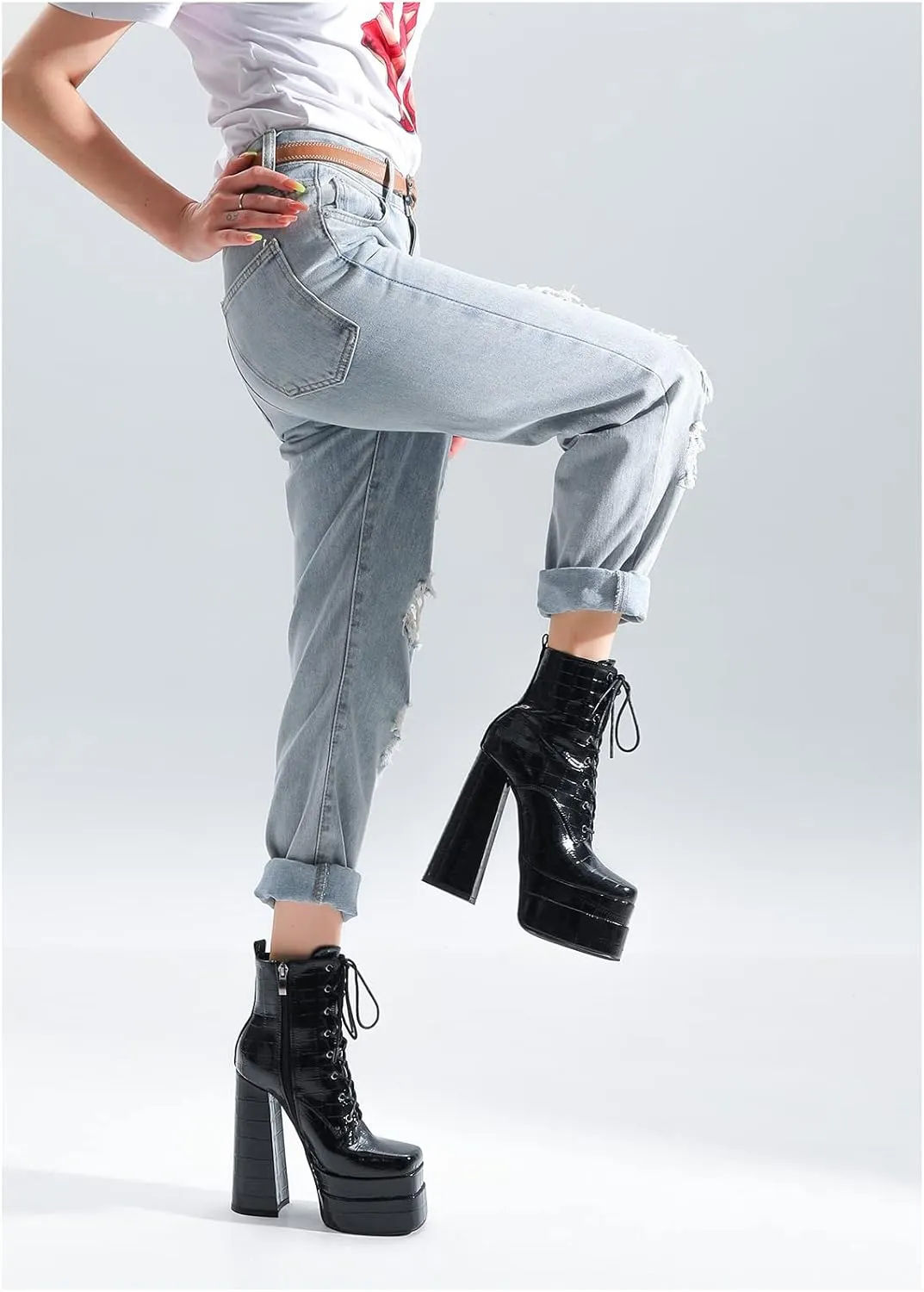LEMUTISME Women's Trendy Closed Square Toe Lace Up Double Platform Chunky High Heel Motorcycle Ankle Boots With Side Zipper