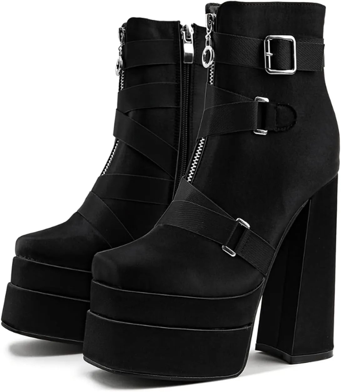 LEMUTISME Women's Trendy Closed Square Toe Lace Up Double Platform Chunky High Heel Motorcycle Ankle Boots With Side Zipper