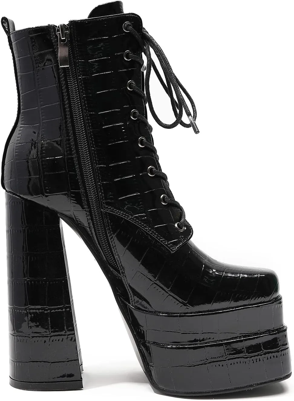 LEMUTISME Women's Trendy Closed Square Toe Lace Up Double Platform Chunky High Heel Motorcycle Ankle Boots With Side Zipper