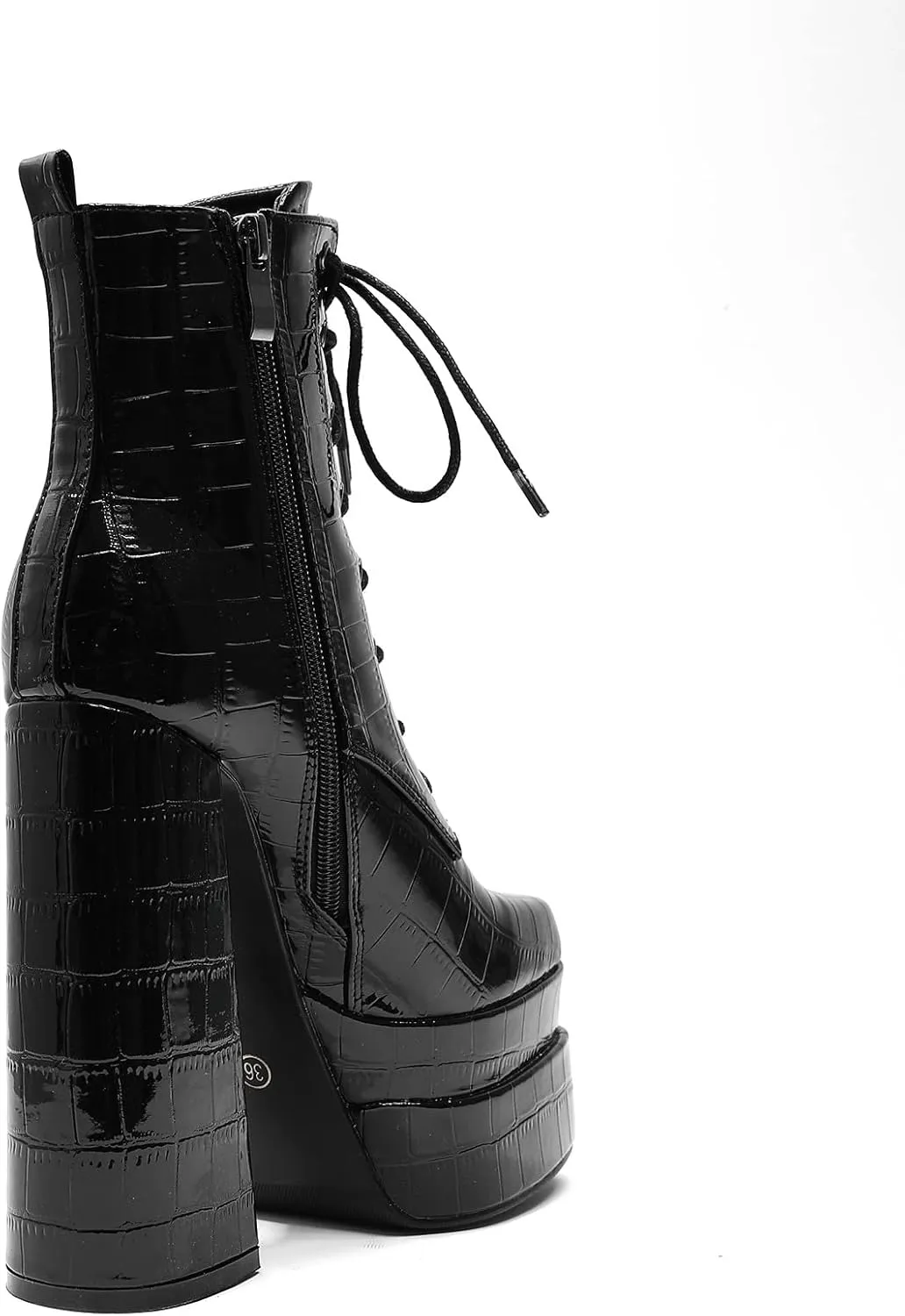 LEMUTISME Women's Trendy Closed Square Toe Lace Up Double Platform Chunky High Heel Motorcycle Ankle Boots With Side Zipper