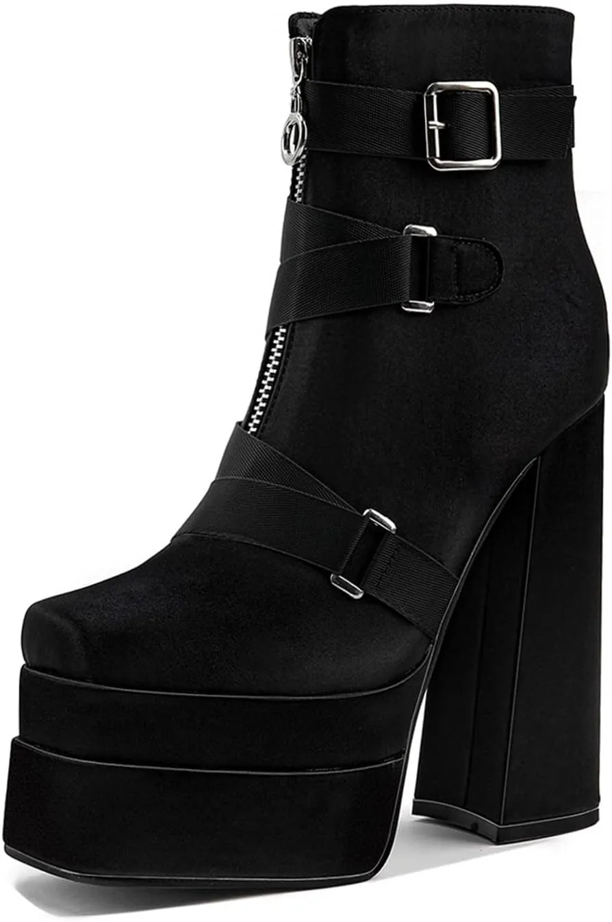 LEMUTISME Women's Trendy Closed Square Toe Lace Up Double Platform Chunky High Heel Motorcycle Ankle Boots With Side Zipper