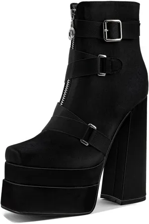 LEMUTISME Women's Trendy Closed Square Toe Lace Up Double Platform Chunky High Heel Motorcycle Ankle Boots With Side Zipper
