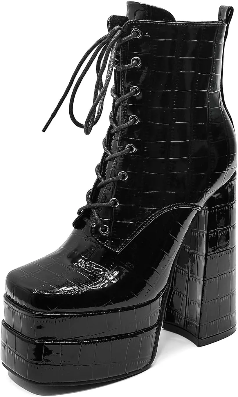 LEMUTISME Women's Trendy Closed Square Toe Lace Up Double Platform Chunky High Heel Motorcycle Ankle Boots With Side Zipper