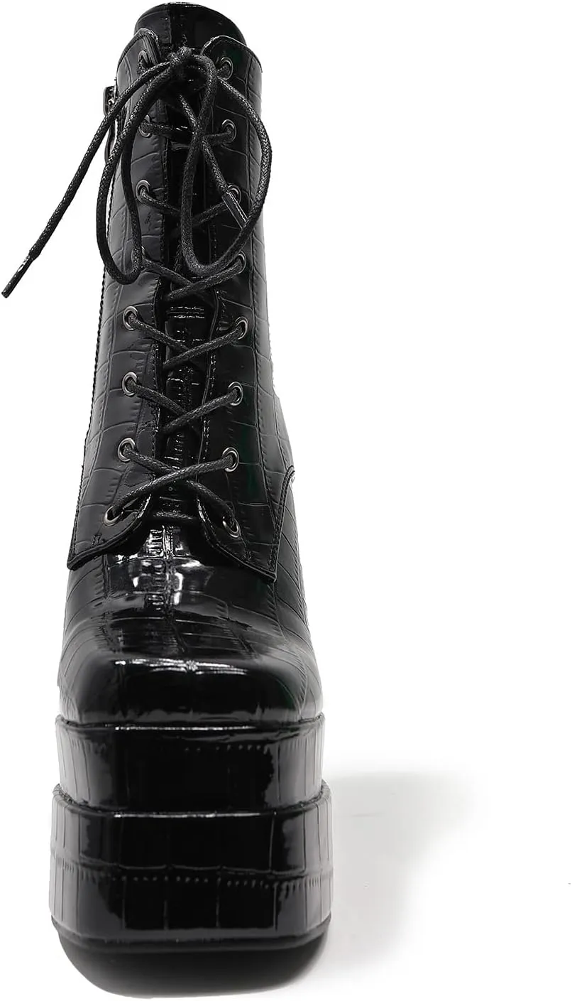 LEMUTISME Women's Trendy Closed Square Toe Lace Up Double Platform Chunky High Heel Motorcycle Ankle Boots With Side Zipper