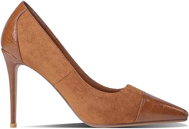 LEMUTISME Women‘s Trendy Pointed Closed Toe Crocodile Stiletto Heels Chic Cap Toe Suede Slip On 4IN High Heel Dress Pumps for Wedding Prom