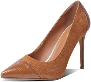 LEMUTISME Women‘s Trendy Pointed Closed Toe Crocodile Stiletto Heels Chic Cap Toe Suede Slip On 4IN High Heel Dress Pumps for Wedding Prom