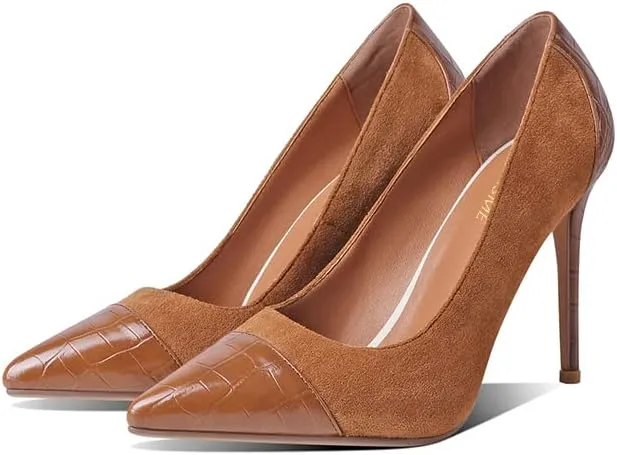 LEMUTISME Women‘s Trendy Pointed Closed Toe Crocodile Stiletto Heels Chic Cap Toe Suede Slip On 4IN High Heel Dress Pumps for Wedding Prom