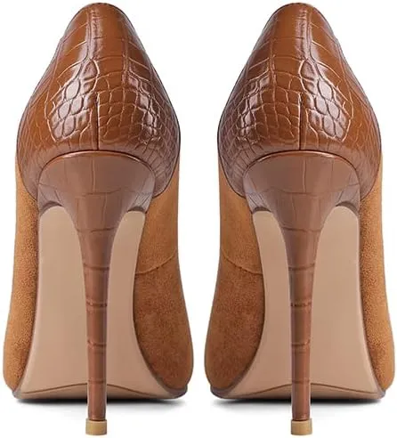 LEMUTISME Women‘s Trendy Pointed Closed Toe Crocodile Stiletto Heels Chic Cap Toe Suede Slip On 4IN High Heel Dress Pumps for Wedding Prom