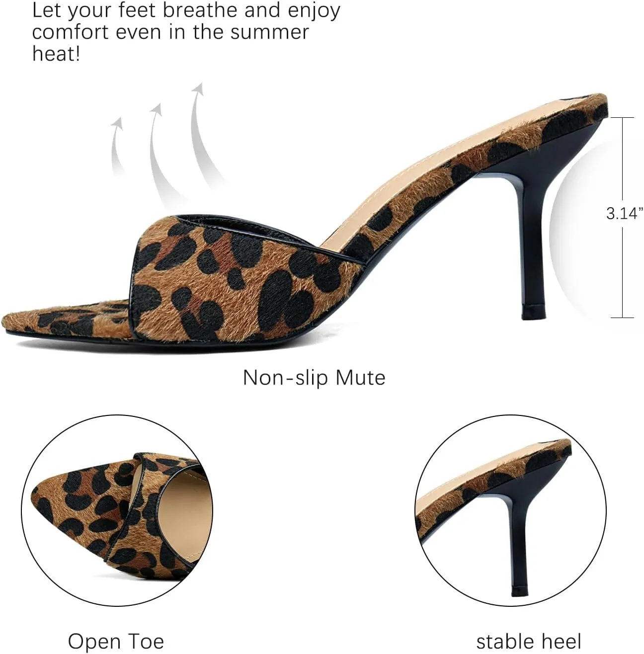 Leopard Kitten Heels Pointed Toe Mule Heels for Women Open Toe Kitten Heel for Party Dressy Wedding